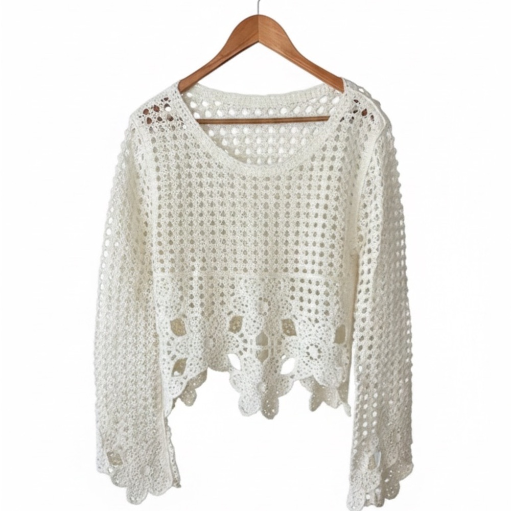 Vintage Style Boho White Crochet Floral Cotten Knit Lace Cover-Up Women’s Small